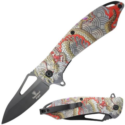 Snake Eye Tactical Dragon Printed Spring Assist Knife- Red And Gold