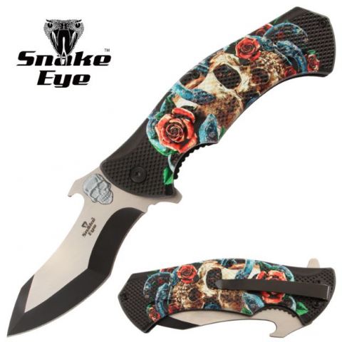 Snake Eye Tactical Spring Assisted Knife 4.5" Closed - Skull & Roses