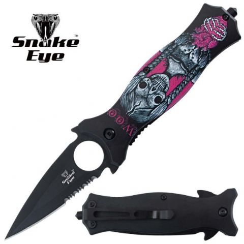 Snake Eye Tactical Spring Assisted Knife - Pink Heart Skeleton