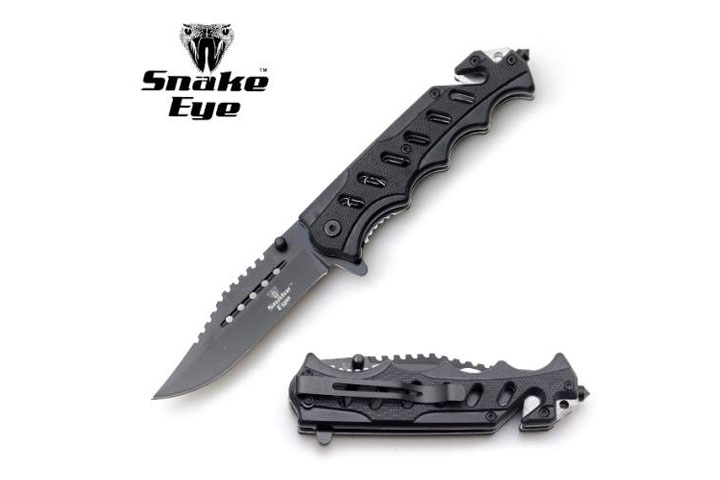 Snake Eye Tactical Rescue Style Spring Assisted Knife 5" Closed - Black Carbon