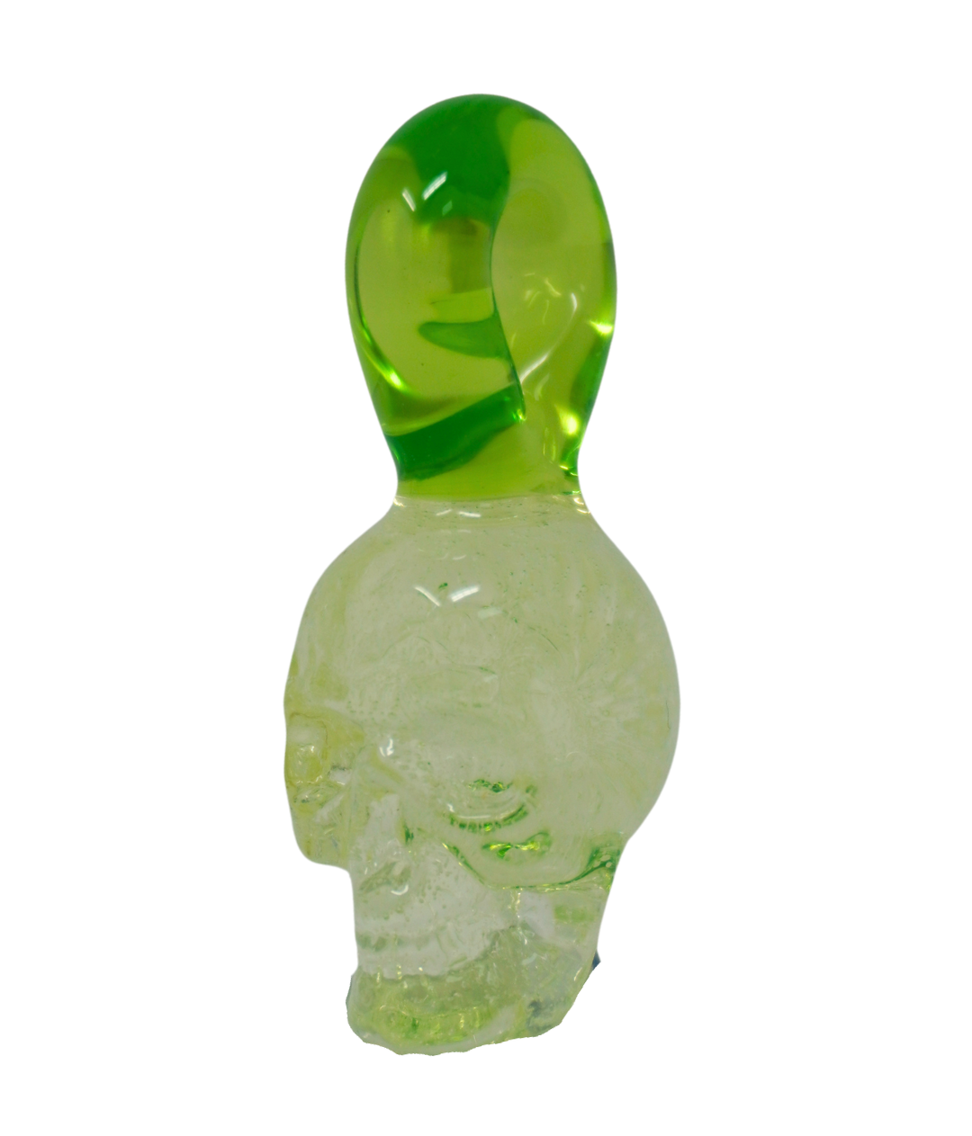 Shanman Glass  Clear Skull pendant w green bail