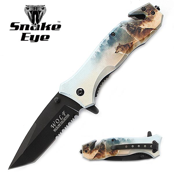 Snake Eye Tactical Rescue Style Spring Assisted Knife 4.5" Closed - Wolves