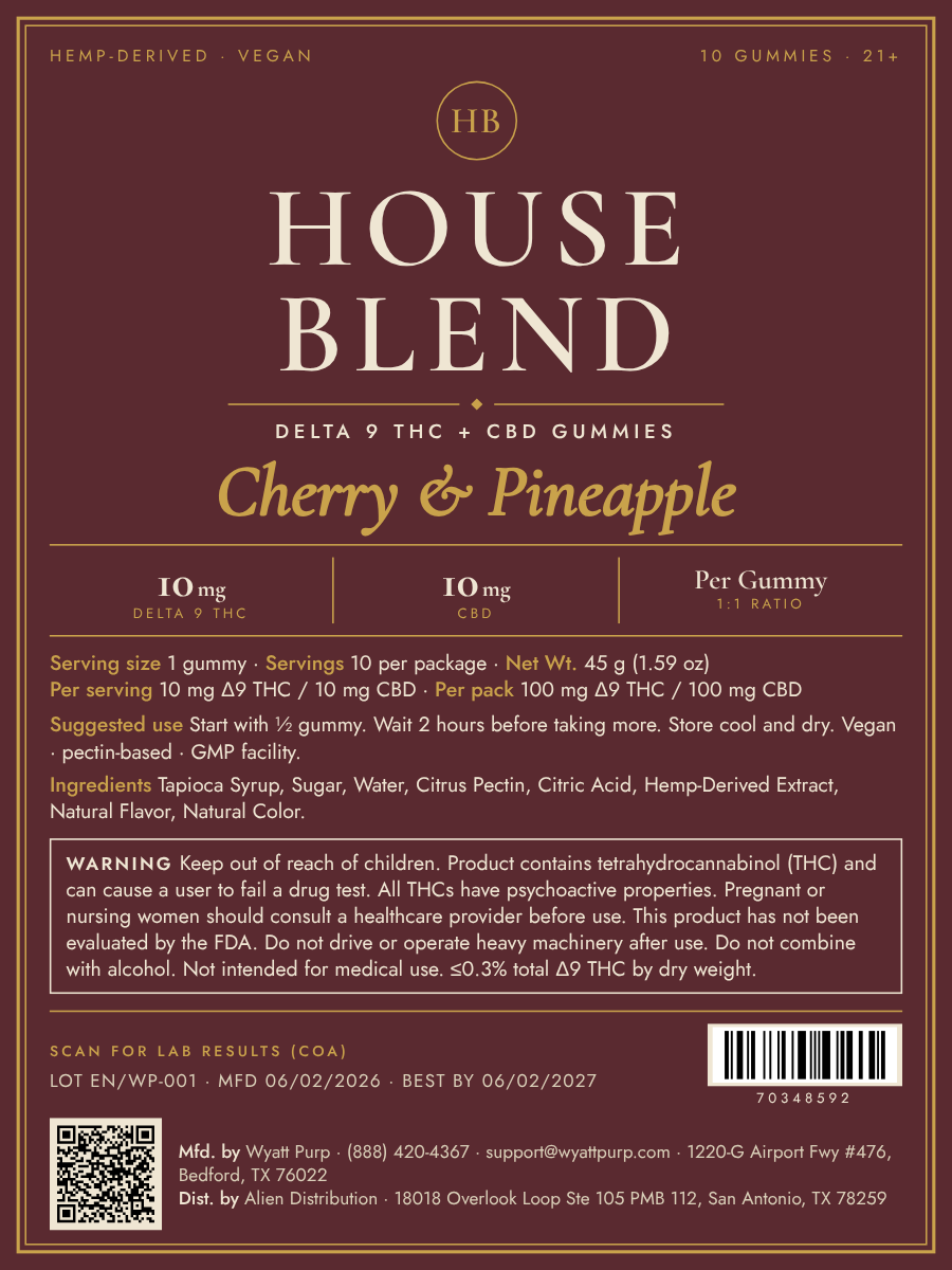 House Blend Cherry & Pineapple Gummies · 10mg Δ9 THC + 10mg CBD