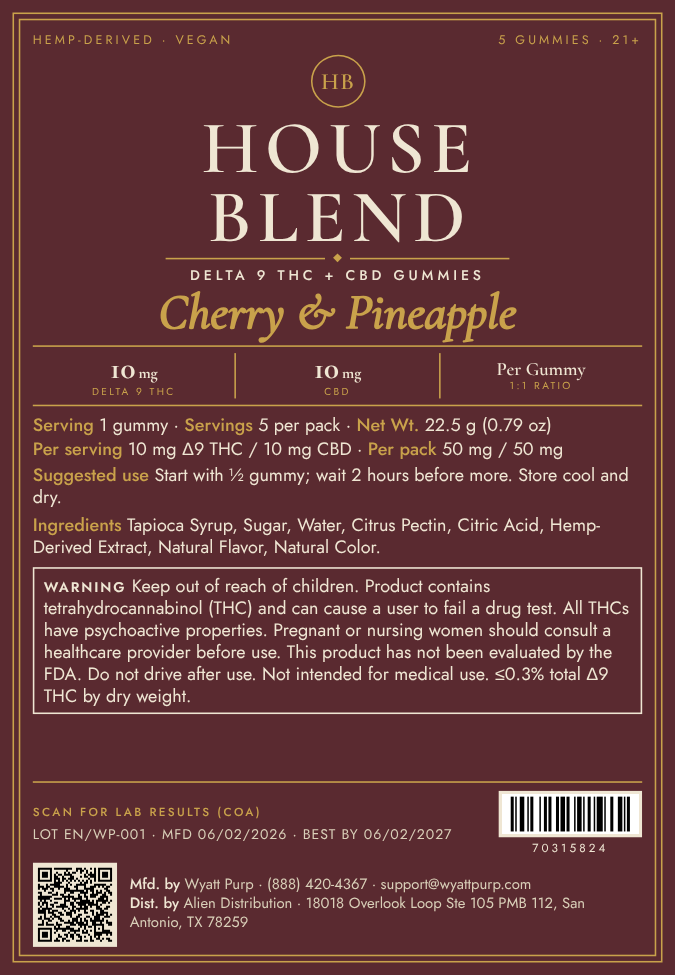 House Blend Cherry & Pineapple Gummies · 10mg Δ9 THC + 10mg CBD