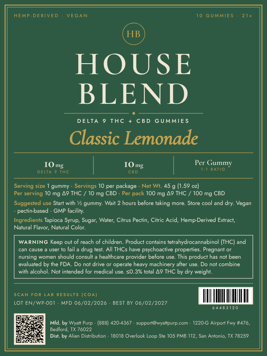 House Blend Classic Lemonade Gummies · 10mg Δ9 THC + 10mg CBD