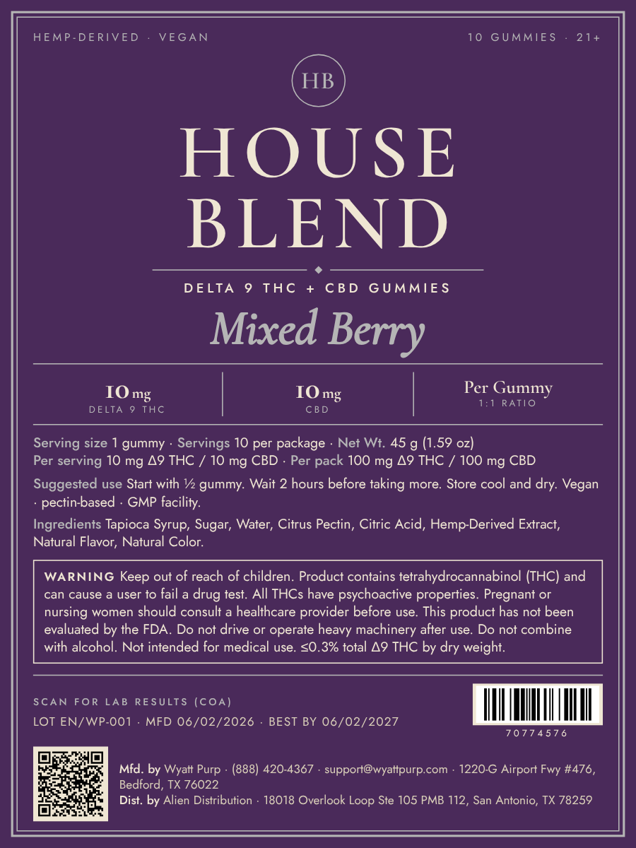 House Blend Mixed Berry Gummies · 10mg Δ9 THC + 10mg CBD