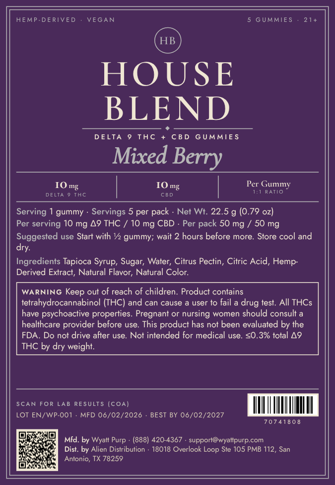 House Blend Mixed Berry Gummies · 10mg Δ9 THC + 10mg CBD