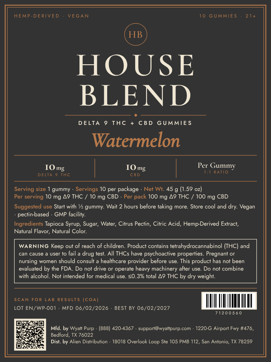 House Blend Watermelon Gummies · 10mg Δ9 THC + 10mg CBD