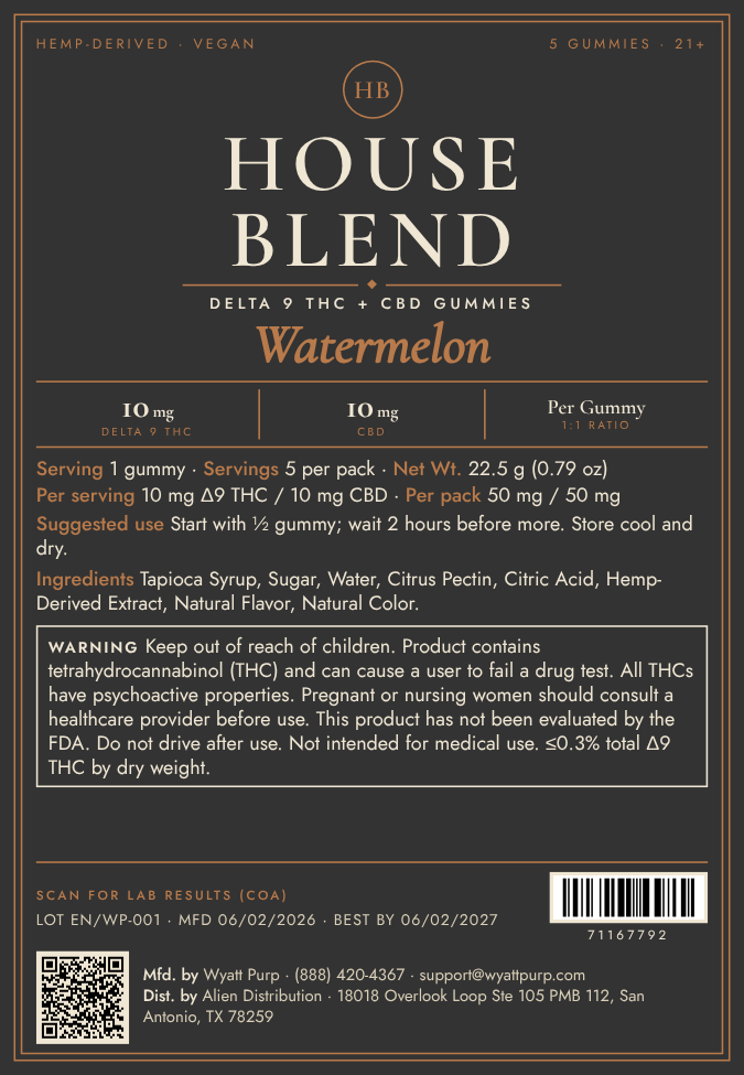 House Blend Watermelon Gummies · 10mg Δ9 THC + 10mg CBD