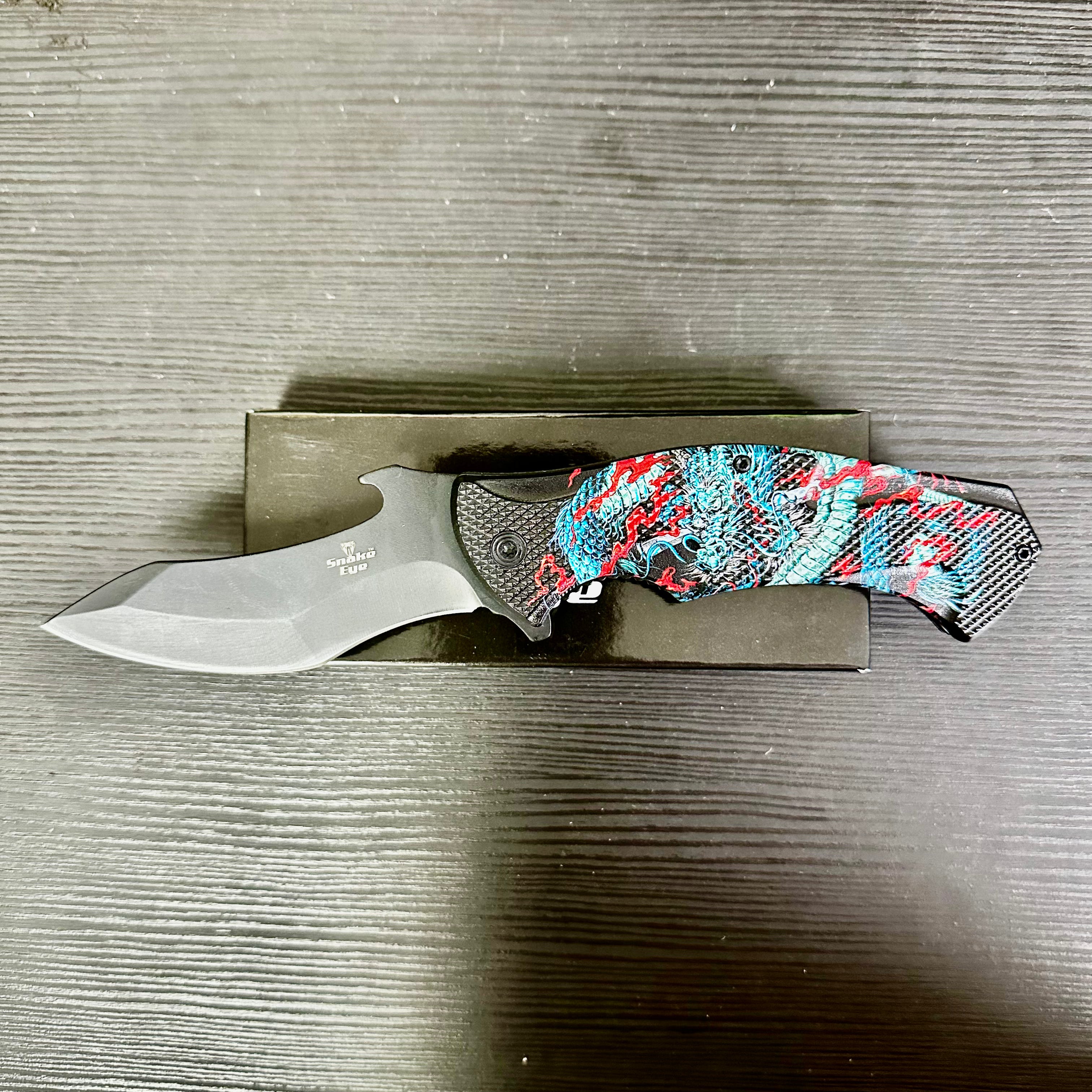 Snake Eye Tactical Spring Assist knife- Red And Blue Dragon