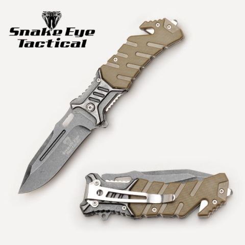 Snake Eye Tactical Rescue Style Spring Assisted Knife - Tan Stone Wash