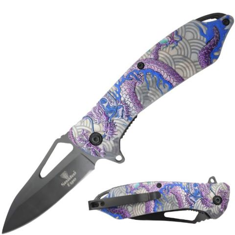 Snake Eye Tactical Dragon Printed Spring Assist Knife-Blue And Purple Dragon