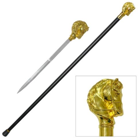 Walking Cane/ Sword Cane- Gold Horse Head